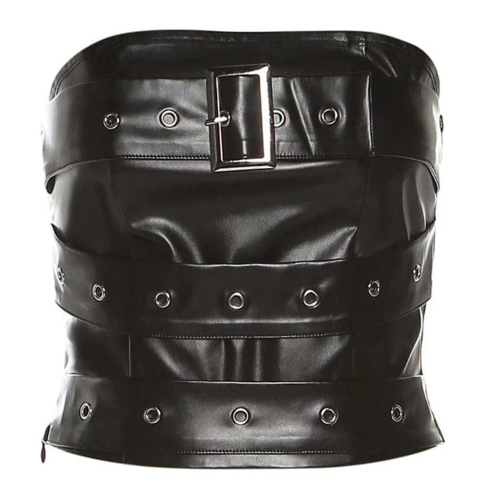Punk Rock Buckle Up Bustier Top Sz M Stretchy Black Faux Leather Gothic Grommets - Picture 2 of 7